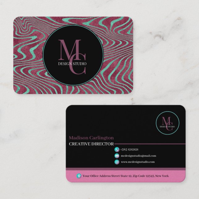 Rosa och teal tvinnade linjer folieeffekt visitkort (Fram/baksida)