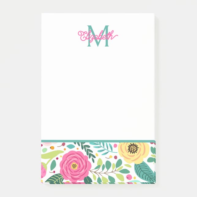 Rosa och teal vårblomma monogram post-it block (Framsida)