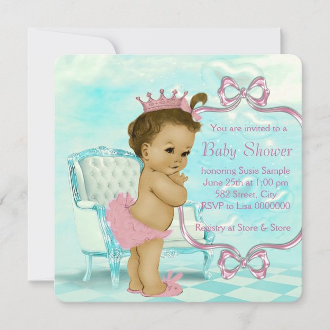 Rosa och tealblå afroamerikansk baby shower inbjudningar (Framsida)