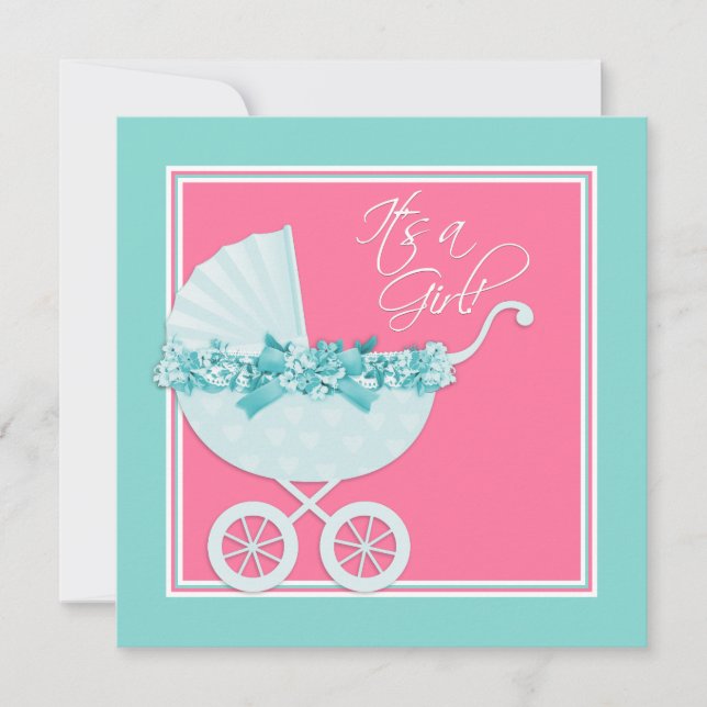 Rosa och tealblå barnvagnsbabyfest inbjudningar (Framsida)