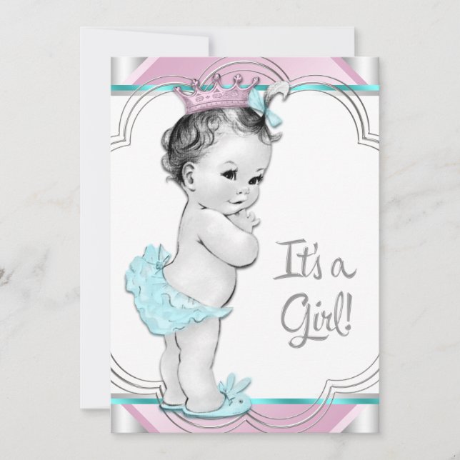 Rosa och tealblå prinsessa baby shower inbjudningar (Framsida)