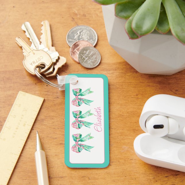 Rosa och turkos Blommigt Bows Personlig Nyckelring (Skrivbord)