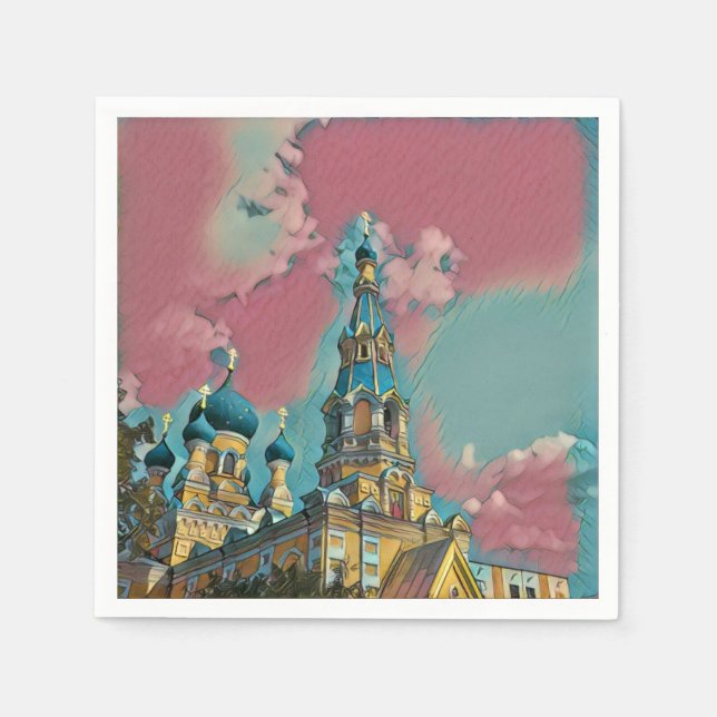 Rosa och turkos kyrkmålning pappersservett (Framsidan)