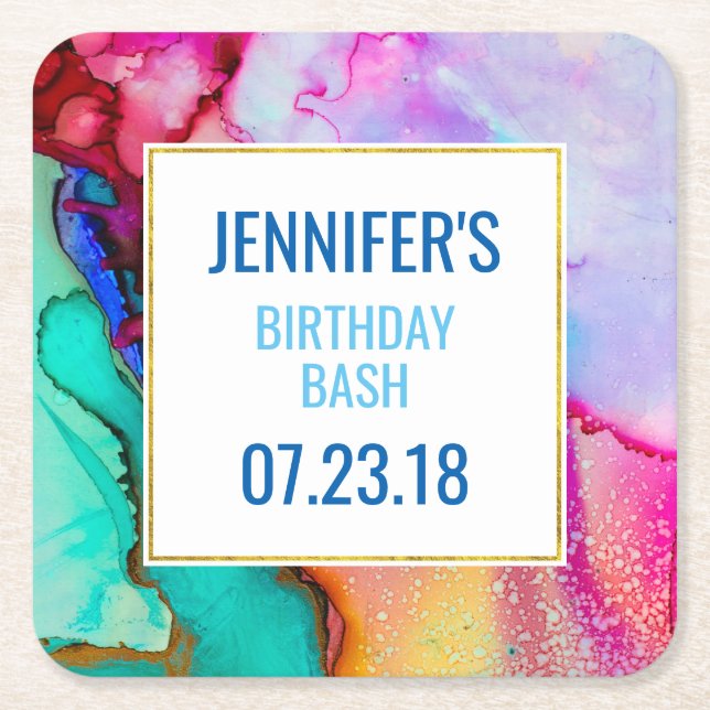 Rosa och turkos Marble Abstrakt Watercolor Underlägg Papper Kvadrat (Framsidan)