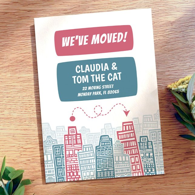 Rosa och turkos ny adress tecknad stad meddelande (Skapare uppladdad)