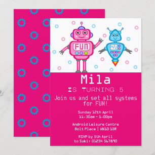 Rosa och turkos Robots Födelsedagsfest inbjudan