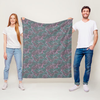 Rosa och turkos stiliserade blad grått mönster fleecefilt
