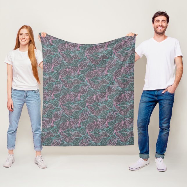 Rosa och turkos stiliserade blad grått mönster  fleecefilt (På plats)