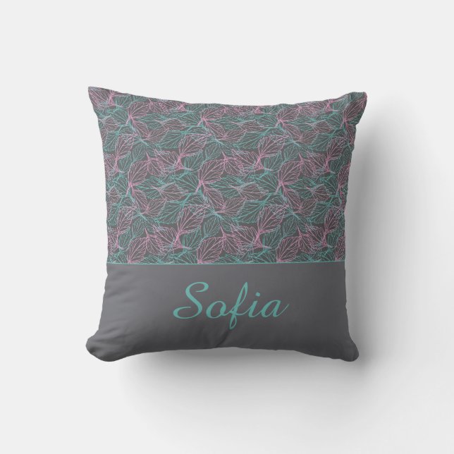 Rosa och turkos stiliserade blad grått mönster  kudde (Framsida)