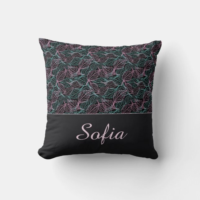 Rosa och turkos stiliserade blad svart Mönster  Kudde (Framsida)