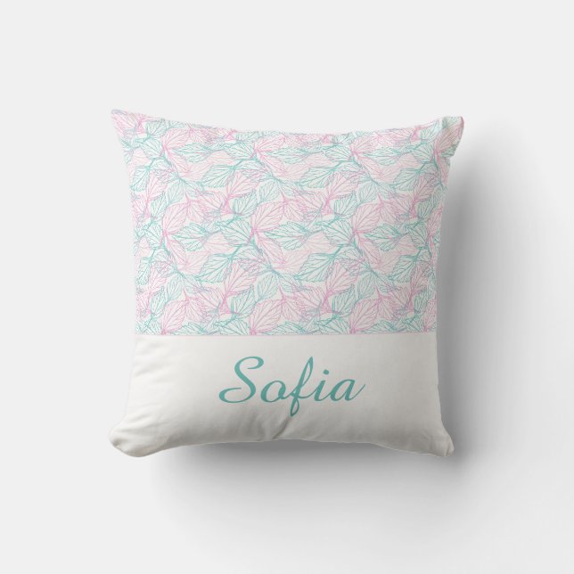 Rosa och turkos stiliserade blad vitt mönster  kudde (Framsida)