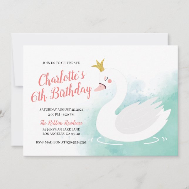 Rosa och turkos svanprinsessa flicka födelsedag inbjudningar (Framsida)