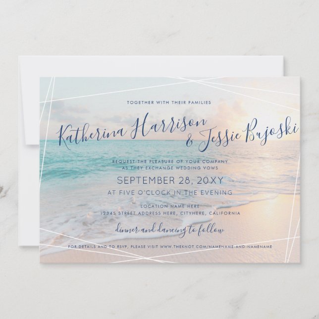Rosa och turkos vid Beach Wedding Ocean Sunset Inbjudningar (Framsida)