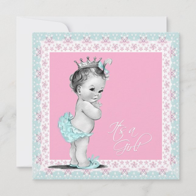 Rosa och turkosblå baby shower inbjudningar (Framsida)