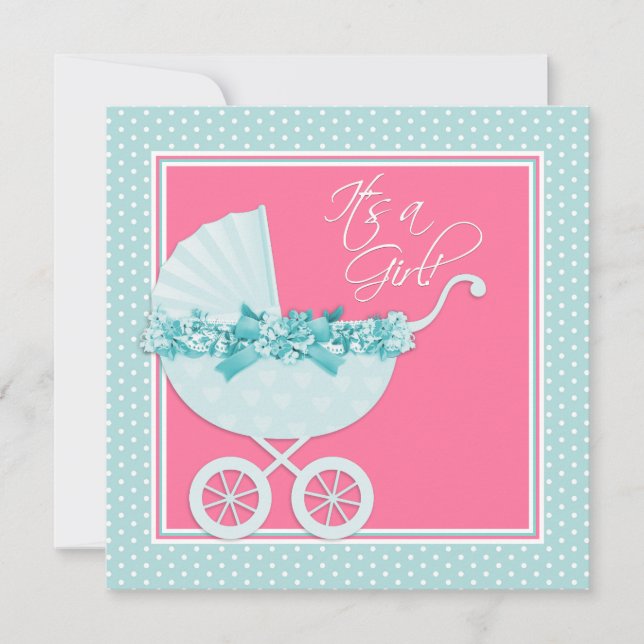 Rosa och turkosblå baby shower inbjudningar (Framsida)