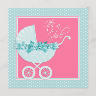 Rosa och turkosblå baby shower inbjudningar