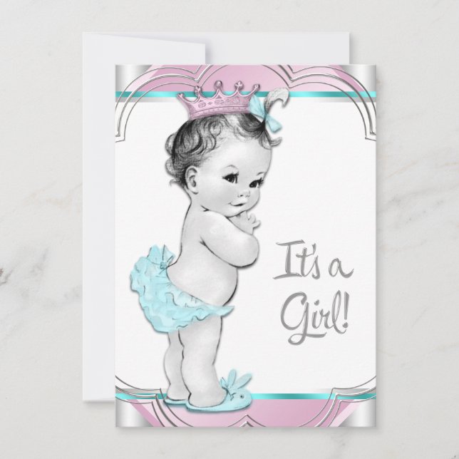 Rosa och turkosblå prinsessa baby shower inbjudningar (Framsida)