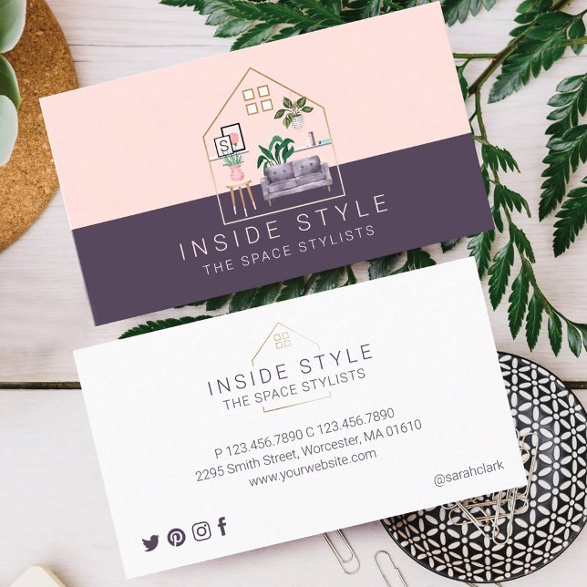 Rosa och våld för inredning av Snyggt - hemmagasin Visitkort (Furniture Decor Stylish Home Staging Pink & Violet Business Card)