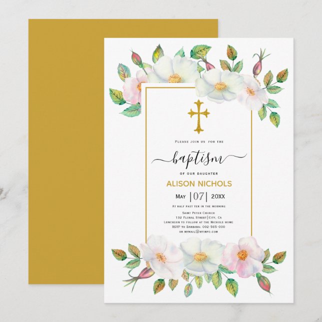 Rosa och vild hund ro guld blommigt Baptism Inbjudningar (Fram/baksida)