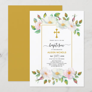 Rosa och vild hund ro guld blommigt Baptism Inbjudningar