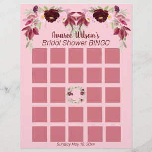 Rosa och vinröd akvarell bröllopsduschbingo reklamblad
