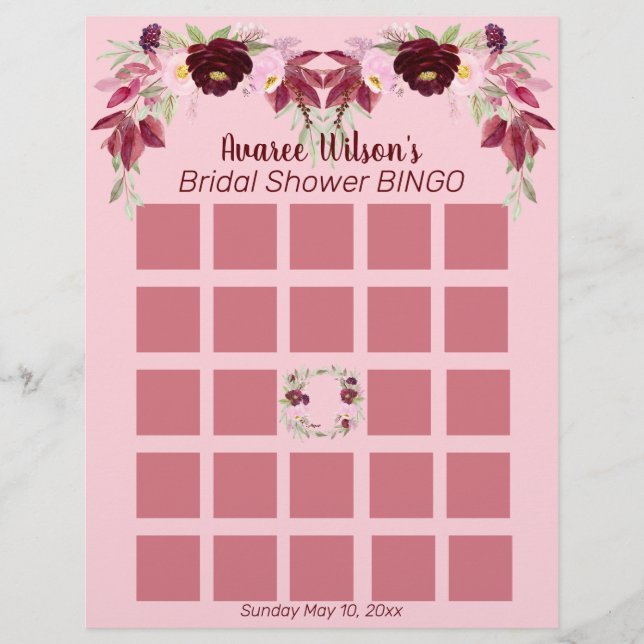 Rosa och vinröd akvarell bröllopsduschbingo reklamblad (Framsidan)