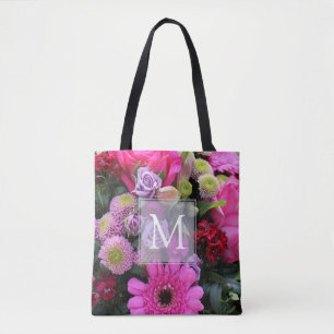 Rosa och Violet Flowers Personlig Monogram Tygkasse