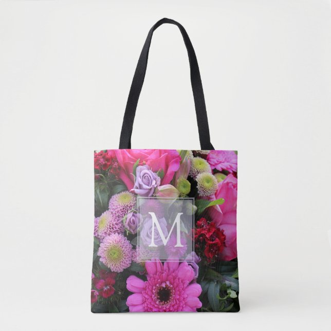 Rosa och Violet Flowers Personlig Monogram Tygkasse (Framsida)