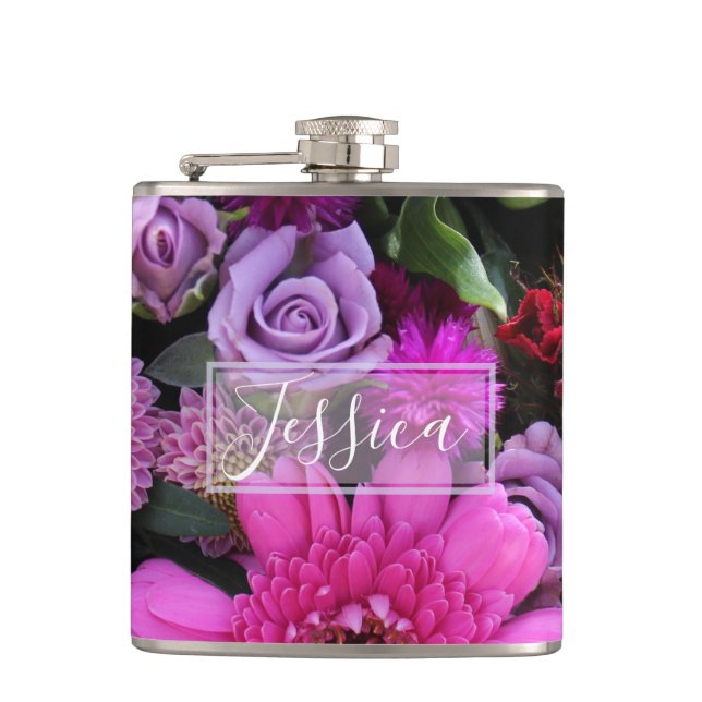 Rosa och Violetta Blommor Personliga Fickplunta (Framsidan)