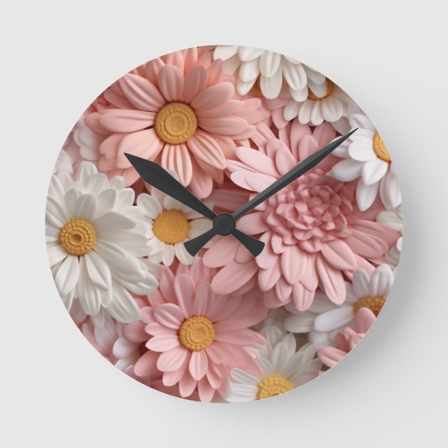 Rosa och vit 3D tusenskönsblomma Rund Klocka (Framsida)