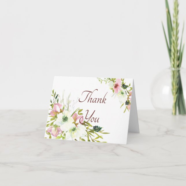 Rosa och vit akvarellblommig tacksamhetskort tack kort (Framsida)