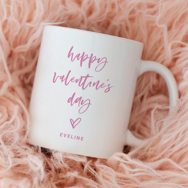 Rosa och vit | Avslappnad Script och Heart Valenti Kaffemugg (A simple and stylish Valentine's Day mug)