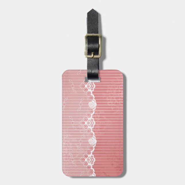 Rosa och vit bakgrund med svart snöre bagagebricka (Vertikal Framsida)