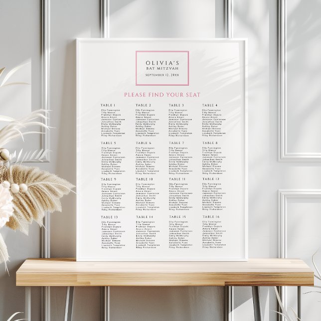 Rosa och vit Bar Mitzvah-platsdiagramaffisch Poster (Skapare uppladdad)