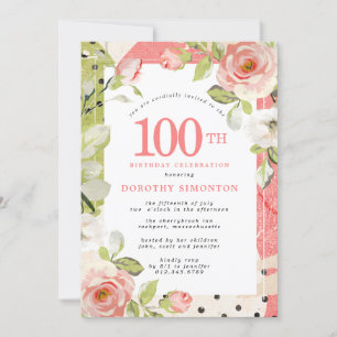 Rosa och vit Blommigt 100:e födelsedagsinbjudan Inbjudningar