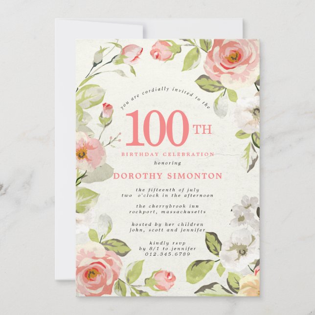 Rosa och vit Blommigt 100:e födelsedagsinbjudan Inbjudningar (Framsida)