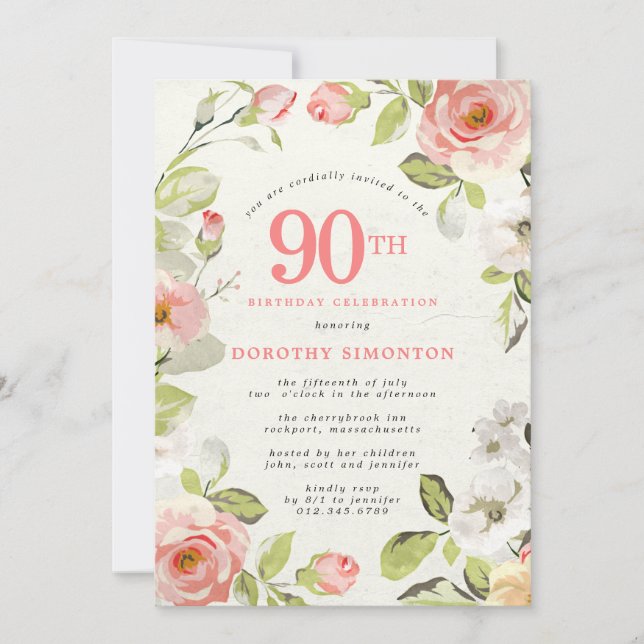 Rosa och vit Blommigt 90:e födelsedag Inbjudningar (Framsida)