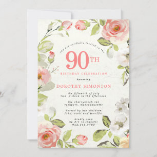 Rosa och vit Blommigt 90:e födelsedag Inbjudningar