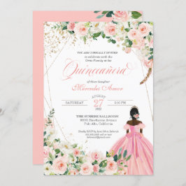  Rosa och vit Blommigt Afrolatina Quinceanera Inbjudningar