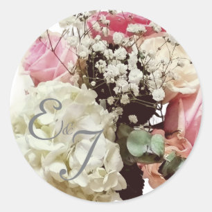 Rosa och vit Blommigt bröllop Runt Klistermärke