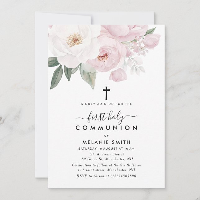 rosa och vit blommigt första heligan inbjudningar (Framsida)