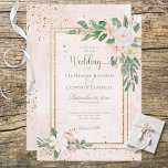 Rosa och vit Blommigt med Guld Bröllop Inbjudningar<br><div class="desc">Vackra mjuka och vita blommor, kompletterade med en enkel grön accent i två hörn av inbjudan. Utformningen är på en mjuk vattenfärgsbakgrund och accentueras av faux guld glitter-lådor och faux guld stänk. Baksidan bär över vattenfärgsbakgrunden och guld. Kortet är en enkel elegant, men det är en del av den Rosa...</div>