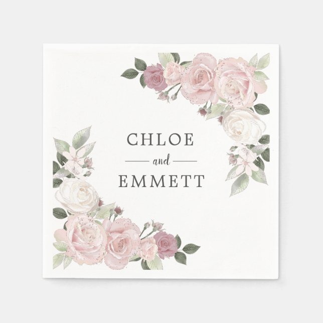 Rosa och vit Blommigt Personligt bröllp Napkins Pappersservett (Framsidan)