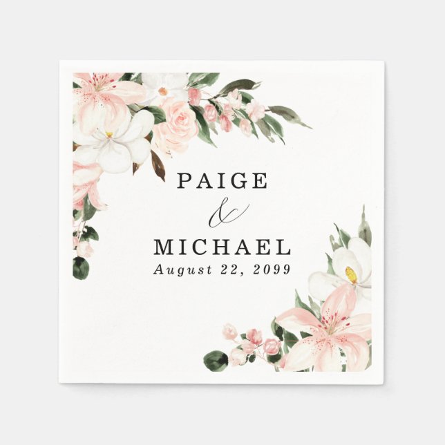 Rosa och vit Blommigt Personligt bröllp Pappersservett (Framsidan)