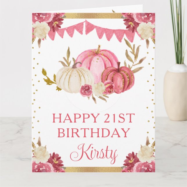 Rosa och vit Blommigt Pumpkins Birthday Kort (Framsida)