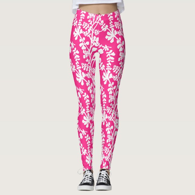 Rosa och vit Blommigt som repeterar Mönster Leggings (Framsida)