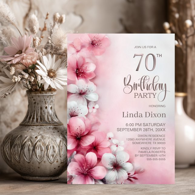 Rosa och vit blomster 70-årsfest inbjudningar (Skapare uppladdad)