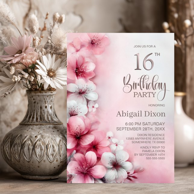 Rosa och vit blomsterfest för 16-årsdag inbjudningar (Skapare uppladdad)