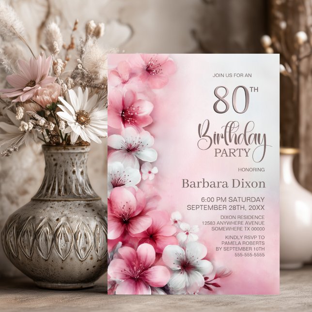 Rosa och vit blomstergestaltad 80-årsfest inbjudningar (Skapare uppladdad)