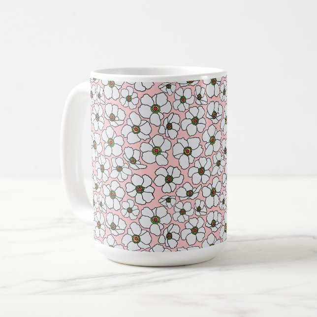 Rosa och vit boho blom-  kaffemugg (Framsida vänster)